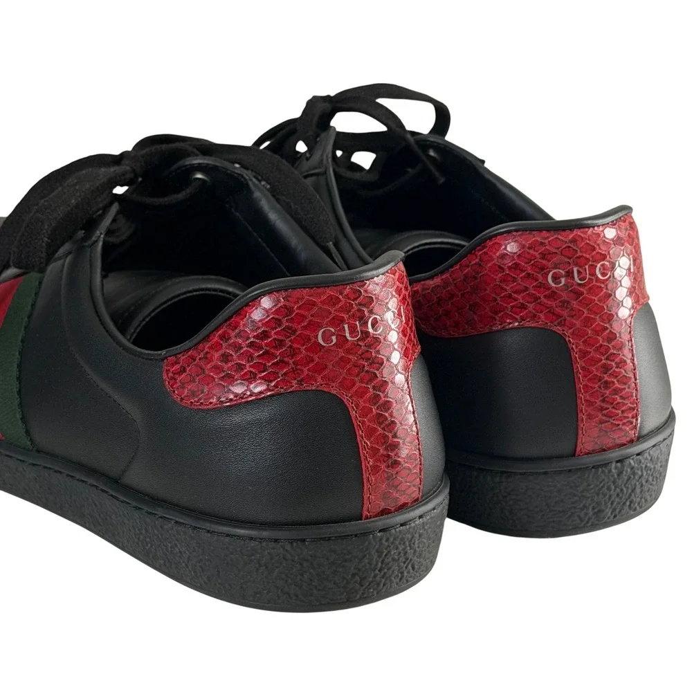 Gucci Ace Black Leather Web Stripe Sneakers Red Snakeskin Heel 386750 w/ Box